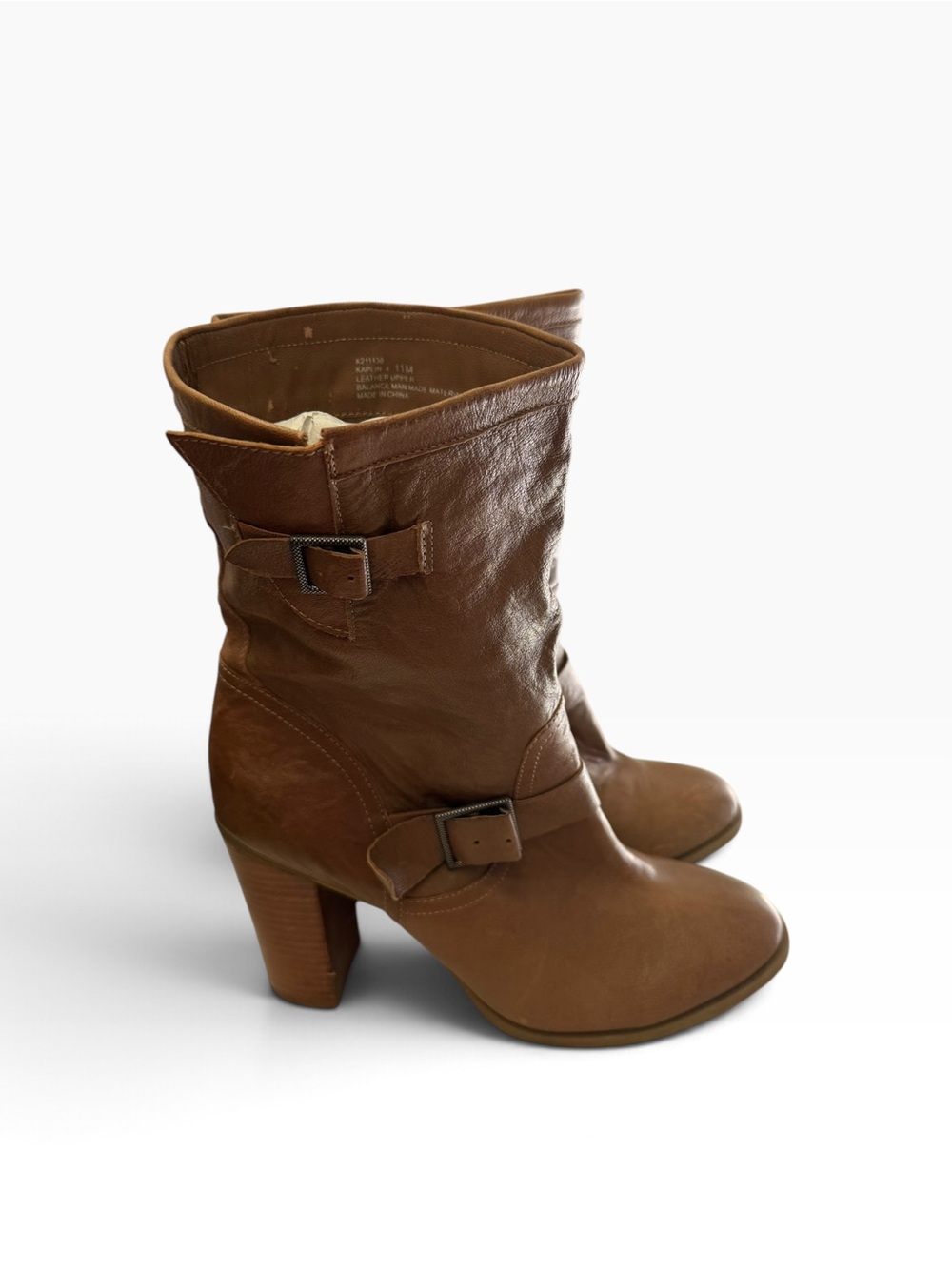 Adam Tucker Brown Leather Kaplin Mid-Calf Heeled Buckle Boots